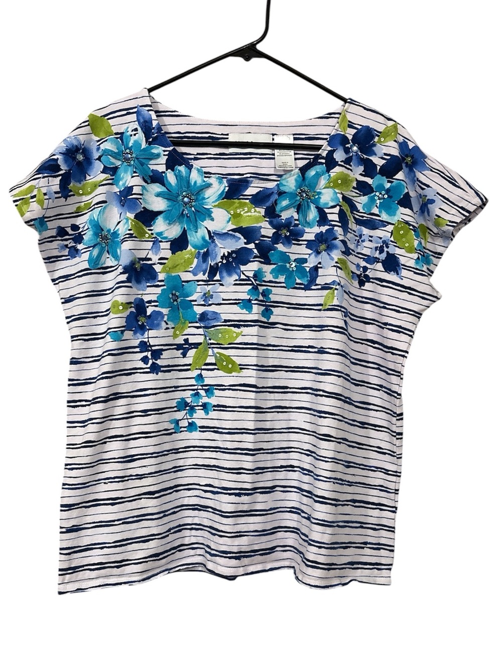 Alfred Dunner Blue Floral Stripe Short Sleeve Top
